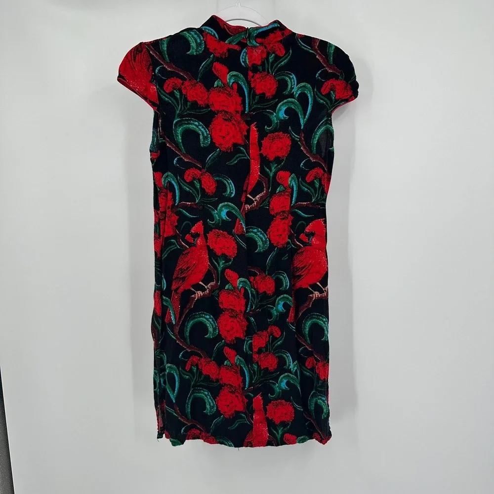 Womens Chinoiserie Carinal Dress Size S Botanical Floral Bird Festive Holiday